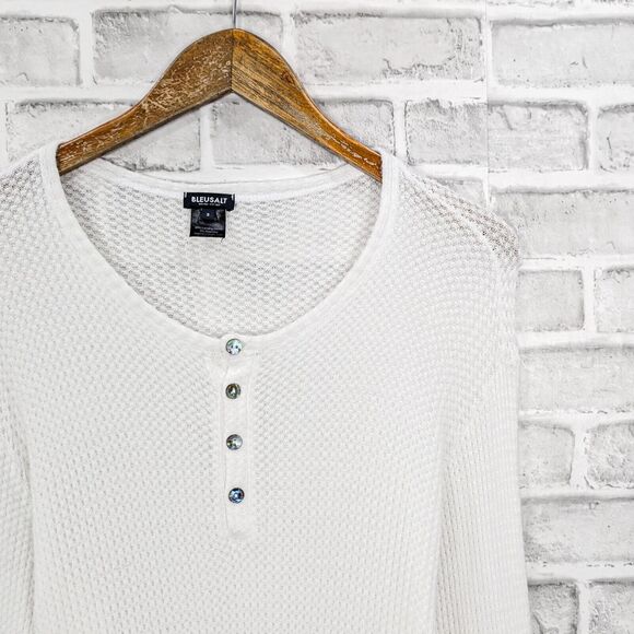 BLEUSALT Malibu Men's Waffle Henley in white knit modal size 3 fit Large - Picture 5 of 6
